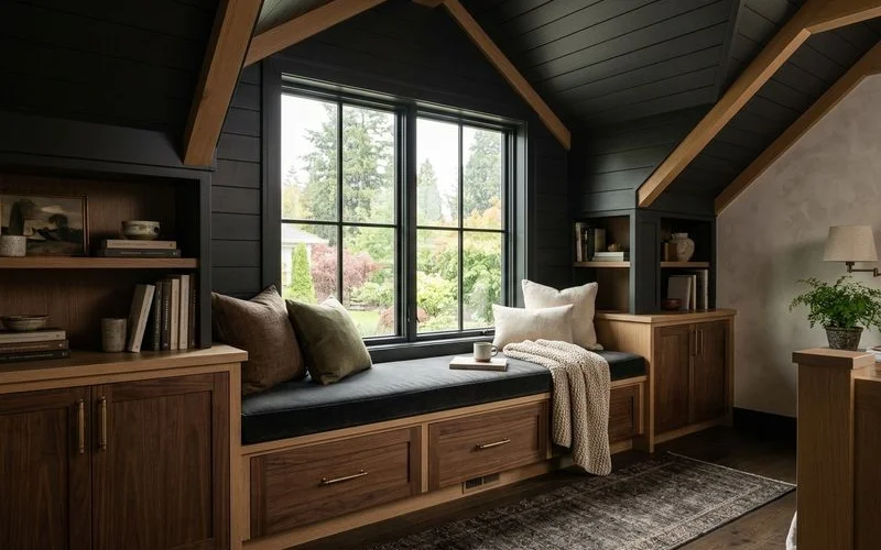 Built-in seating and storage fitted into a sloped-ceiling room
