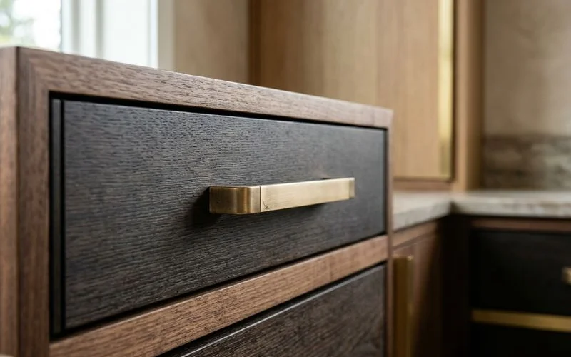 Champagne bronze hardware detail on a walnut drawer front