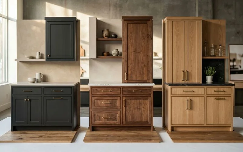 Three custom cabinet budget bands shown as finished kitchen vignettes