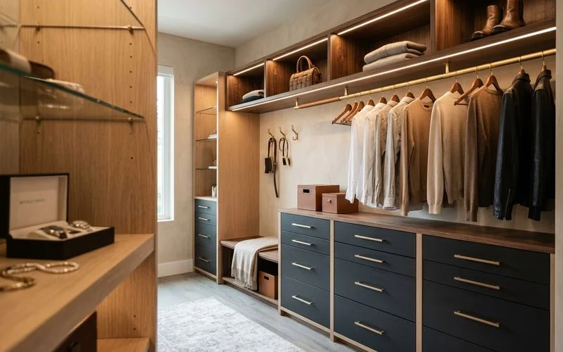 Custom walk-in closet system with drawers and hanging sections