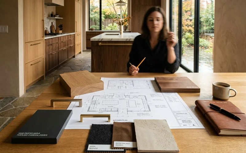 Kitchen plans, wood samples, and finish swatches during a design consultation