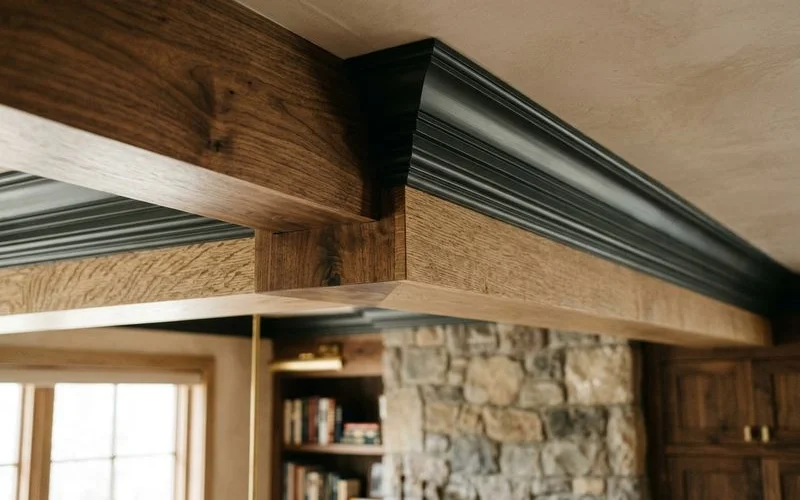Crown moulding meeting a box-beam ceiling corner
