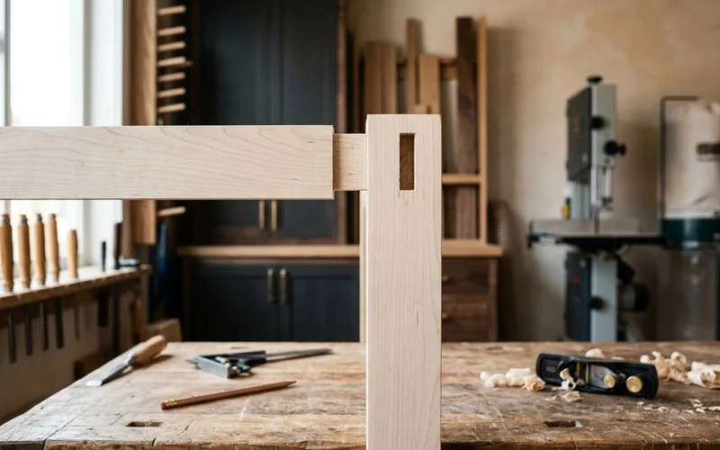 Mortise-and-tenon joinery on a solid maple cabinet face frame
