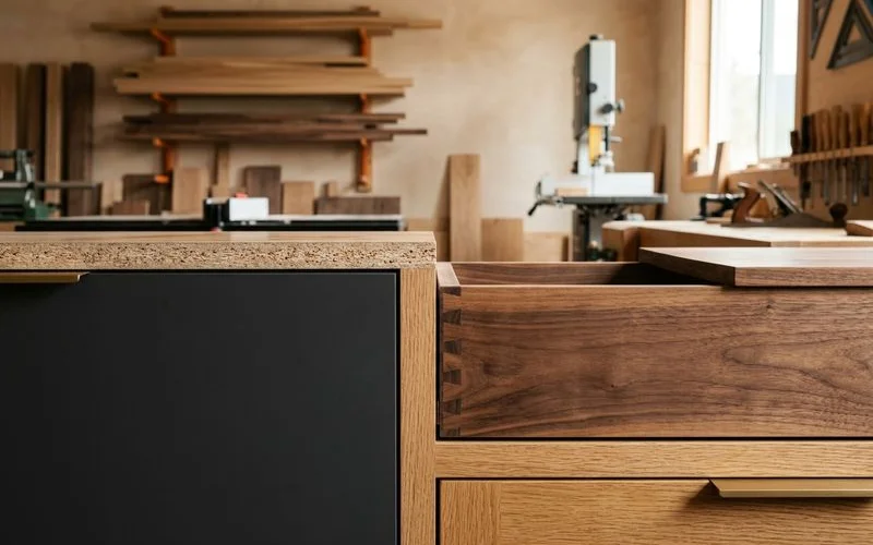 Flat-pack cabinet edge contrasted with a bespoke dovetailed drawer box