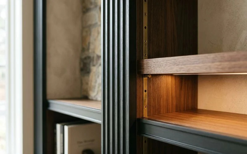 Fluted pilasters and adjustable shelving on a built-in bookcase