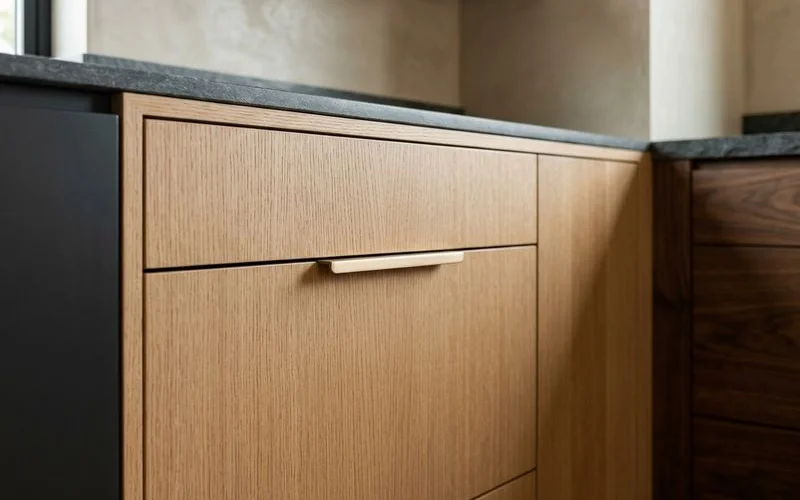 Grain-matched rift-cut white oak drawer fronts with champagne bronze pulls