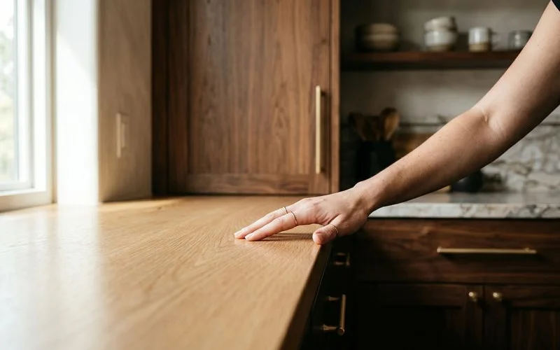 Hand running across a smooth, sealed cabinet surface with an even satin sheen