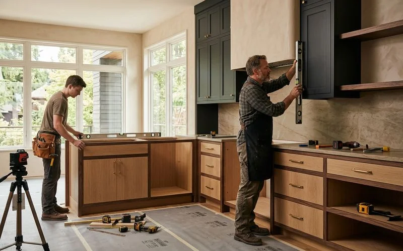 Installers fitting bespoke cabinetry into a Portland kitchen