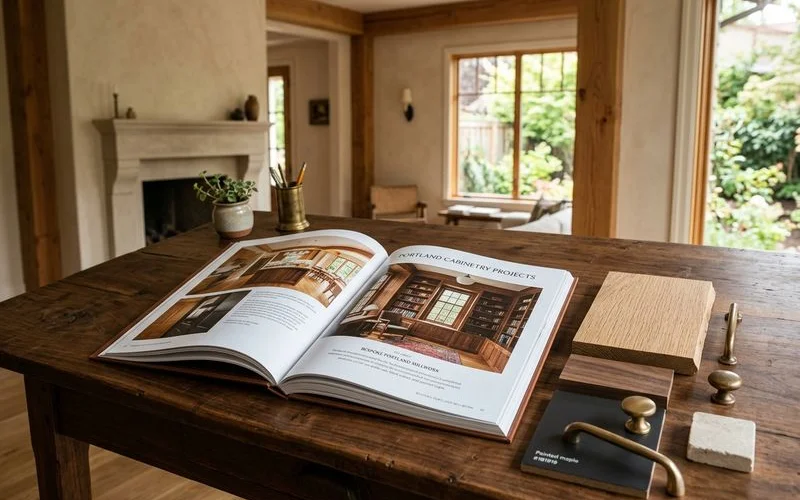 Portfolio of completed Portland cabinetry projects on a studio table