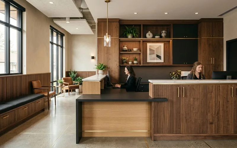 Reception desk and casework in a modern medical office