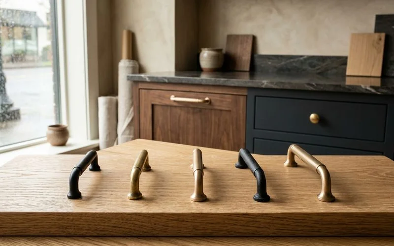 Champagne bronze, unlacquered brass, and matte black cabinet pulls compared