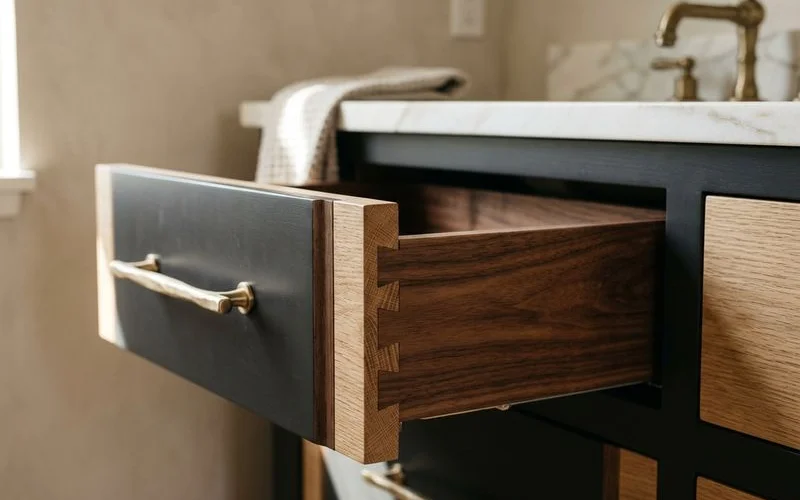 Sealed dovetailed drawer in a luxury bathroom vanity