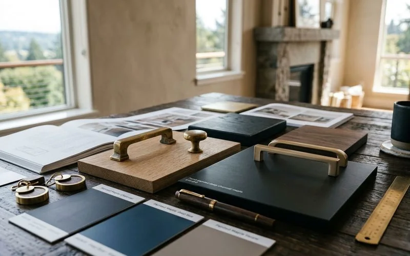 Table with wood samples, finish swatches, and hardware for a consultation