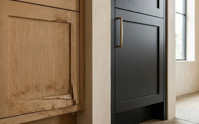 Water-damaged cabinet base beside a cleanly restored painted door