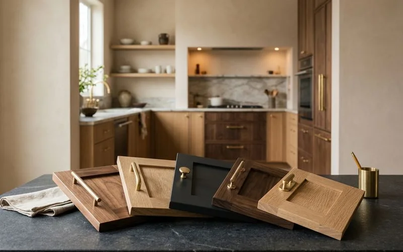 Wood species samples fanned out with a finished kitchen behind