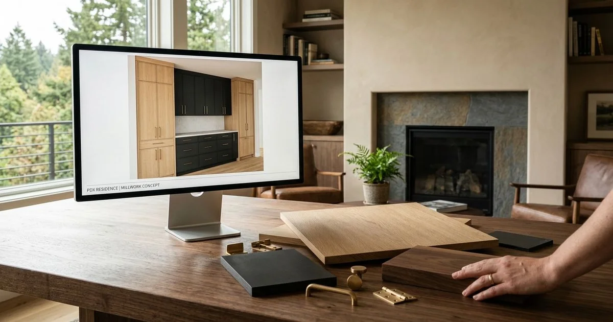 3D cabinet render on screen beside physical wood and finish samples