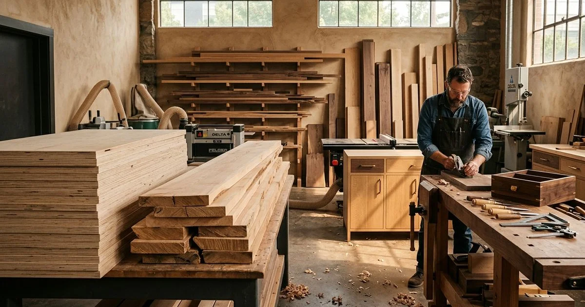 Baltic birch plywood panels beside solid maple boards in a cabinet workshop