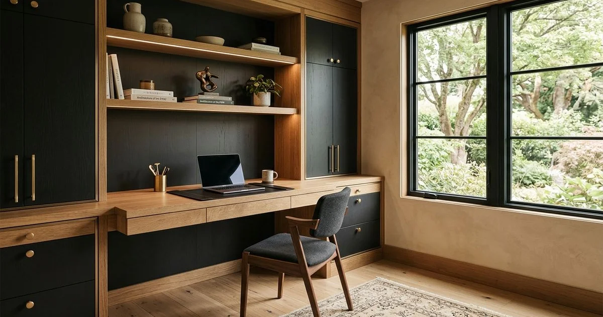 Built-in home office with integrated desk and credenza