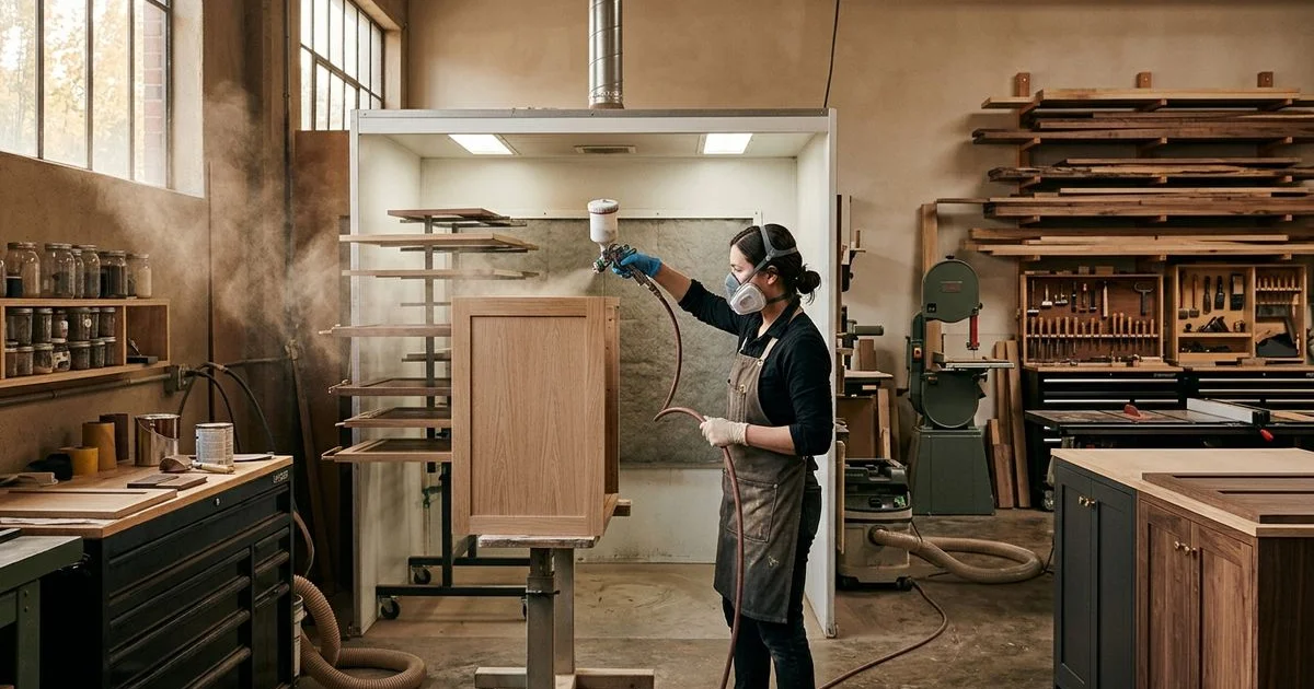 Cabinet door being spray-finished with conversion varnish in a finishing room