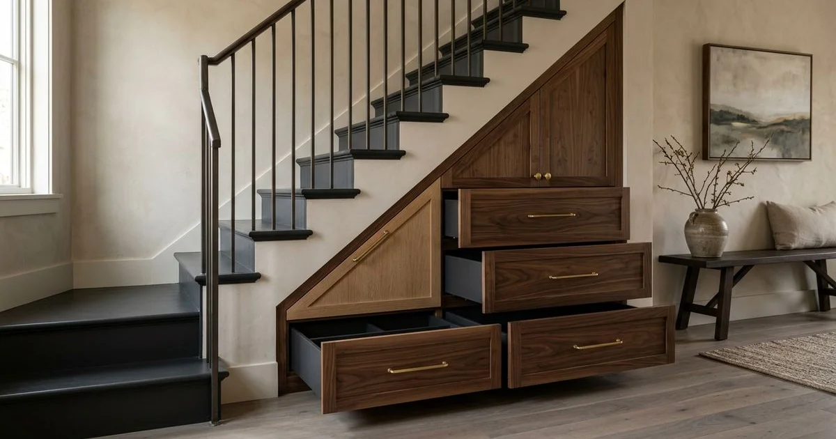 Under-stair built-in drawers and cabinets in a Portland entry hall