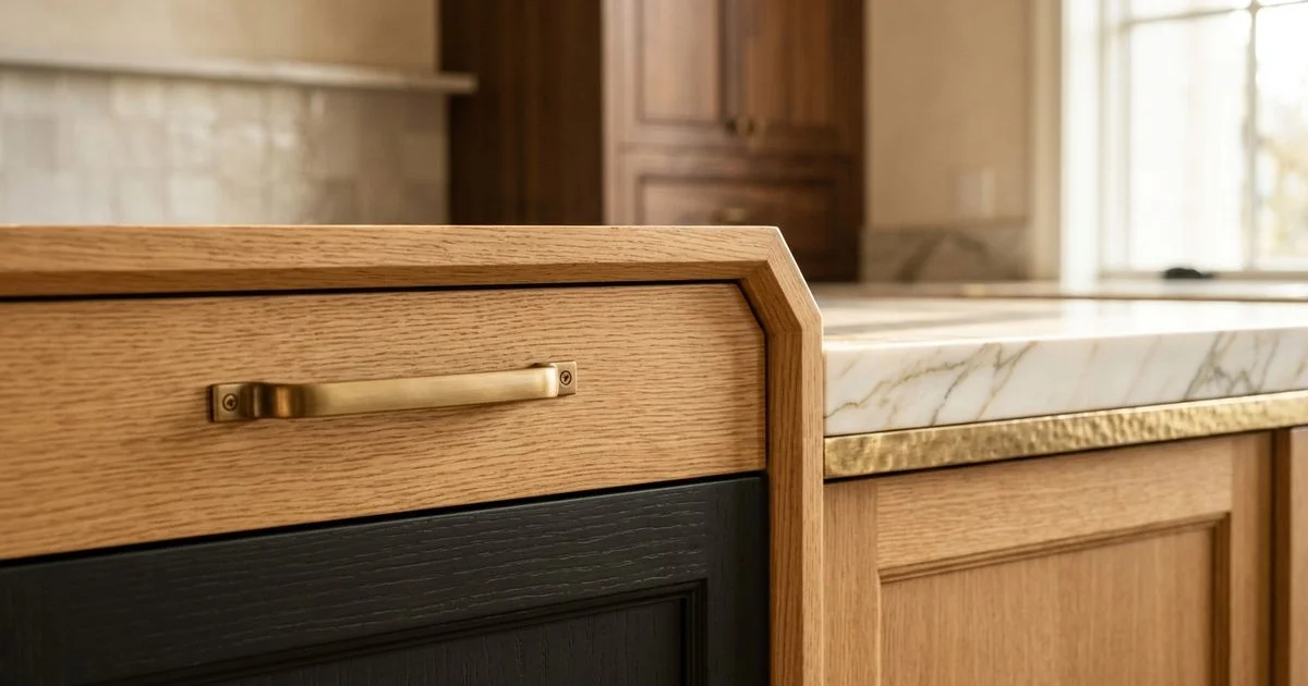 Completed Dunthorpe kitchen with rift-cut white oak cabinetry and a marble island