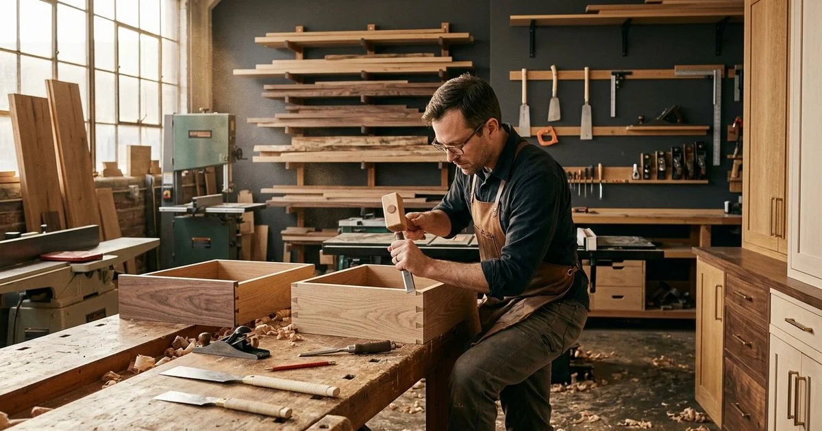 Craftsperson assembling a dovetailed drawer box in a Portland workshop