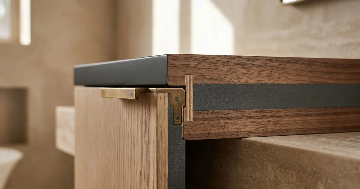 Cross-section of a moisture-resistant vanity cabinet showing sealed edges