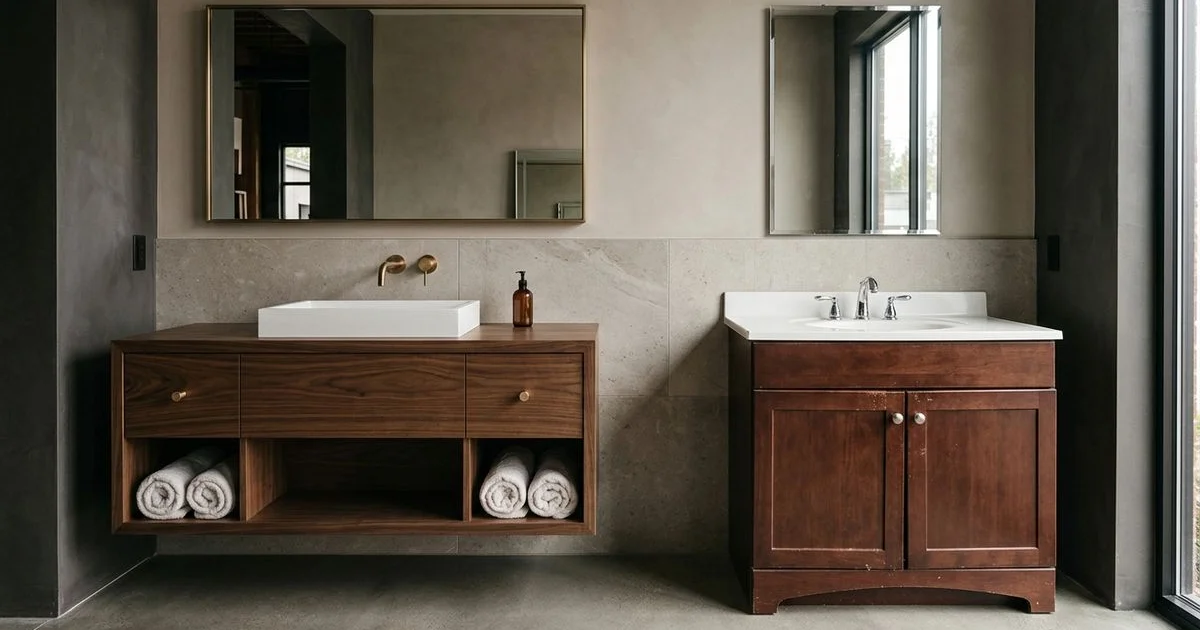 Custom floating walnut vanity beside a generic stock vanity