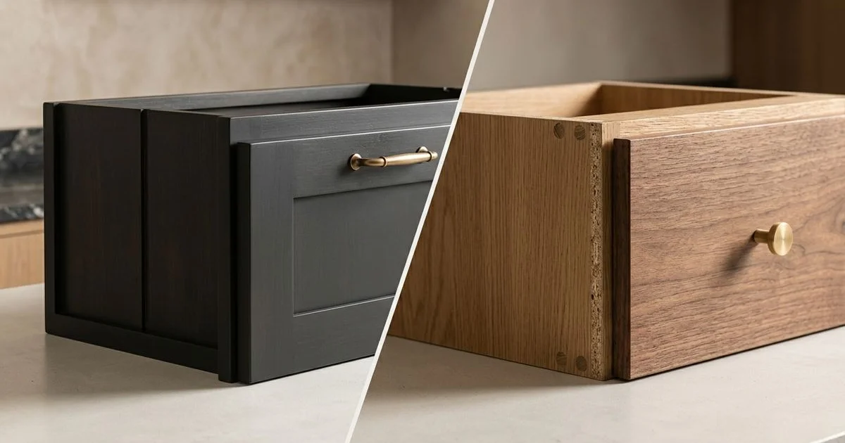 Cutaway comparison of face-frame and frameless cabinet box construction