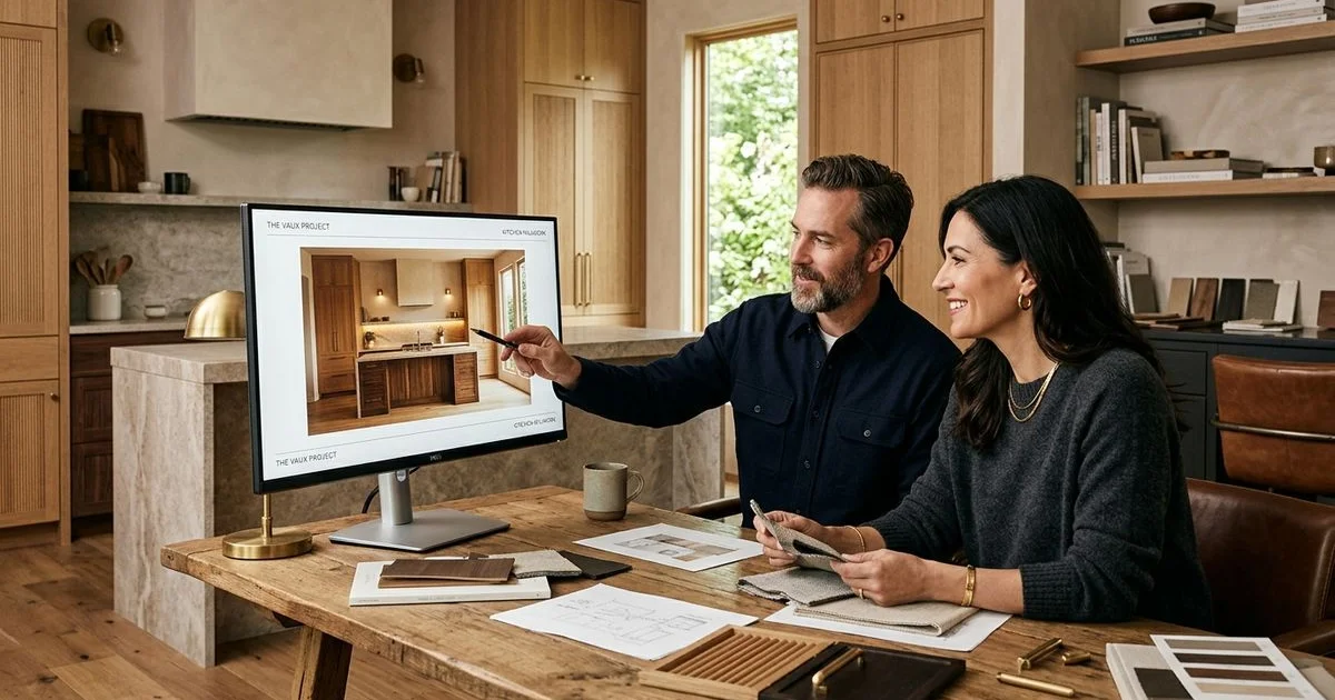 Designer walking a client through a photorealistic 3D cabinet rendering
