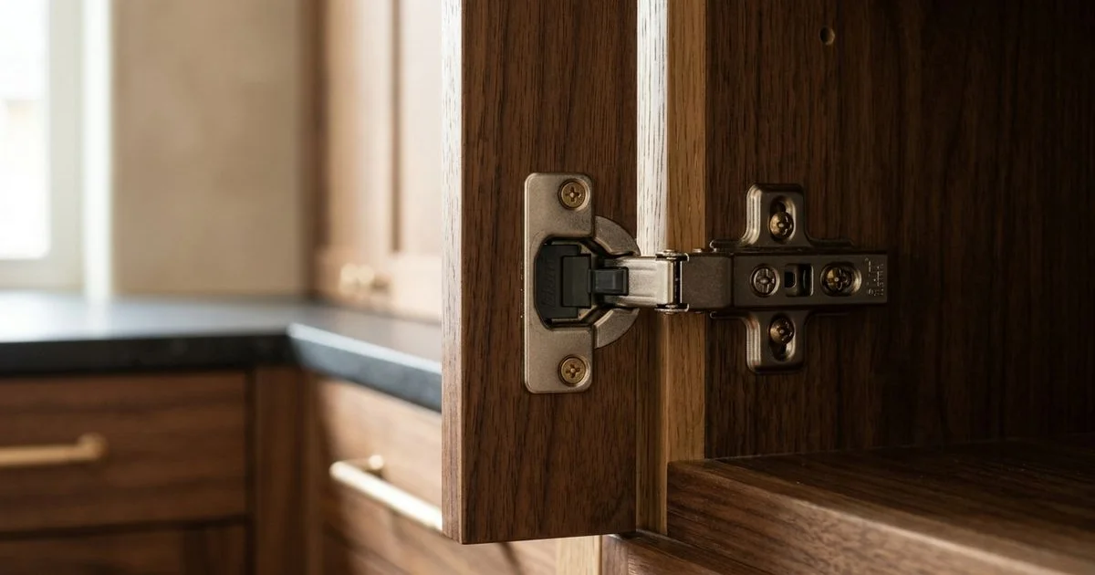 Blum concealed soft-close hinge inside a walnut cabinet door