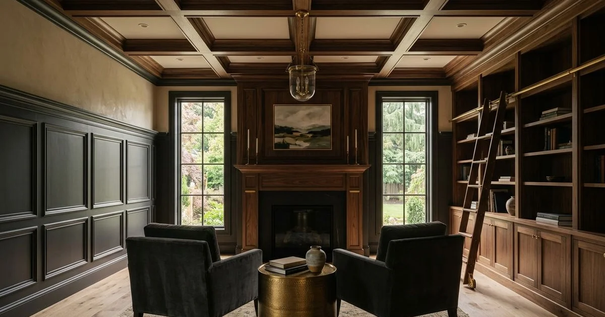Room with raised-panel wainscoting and a box-beam coffered ceiling