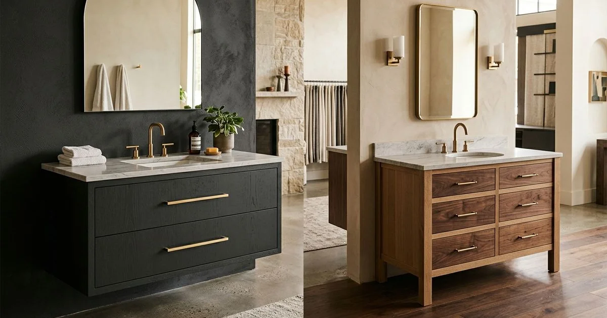 Floating wall-hung vanity beside a floor-mounted vanity