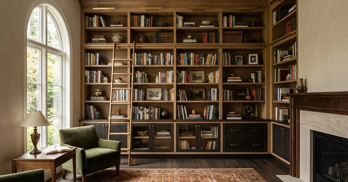 Floor-to-ceiling built-in library wall with a ladder rail