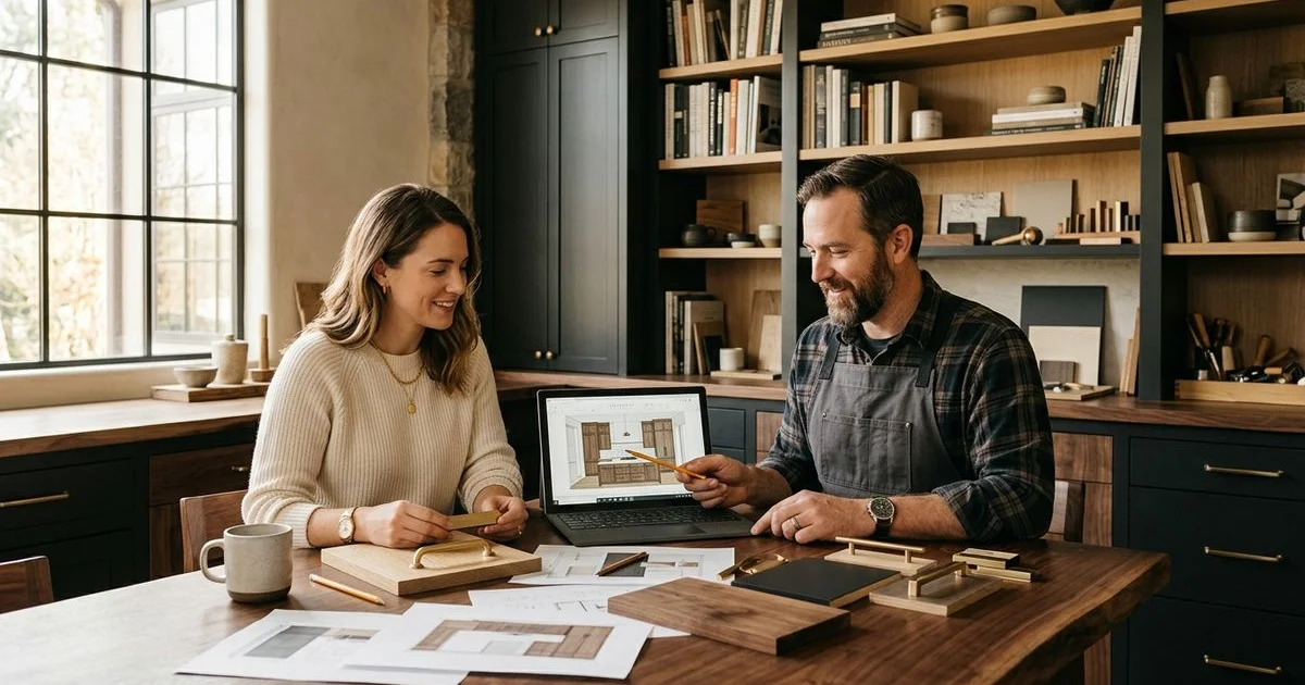 Homeowner and cabinetmaker reviewing 3D designs and wood samples