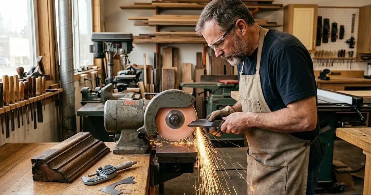Machinist grinding a custom moulder knife to a historic profile