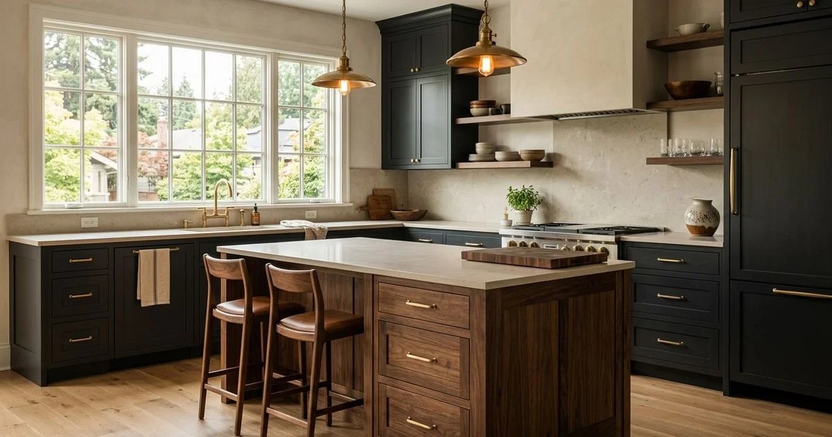Portland kitchen with painted maple perimeter and a black walnut island