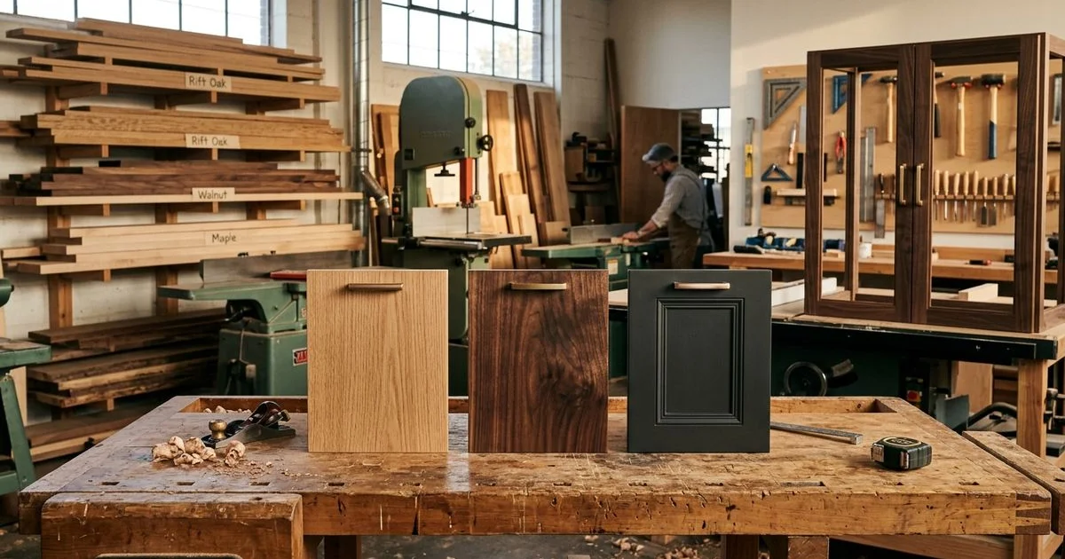 Rift-cut white oak, black walnut, and painted maple samples side by side