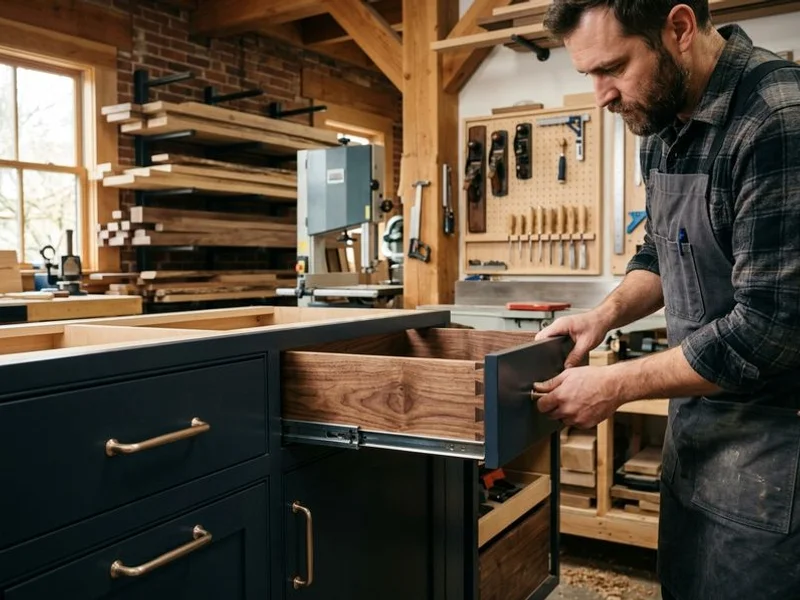 Dovetailed drawer box being fitted with Blum soft-close glides