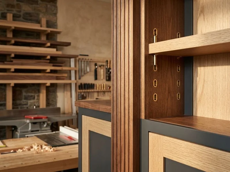 Adjustable shelf pin sleeves and fluted pilaster detail