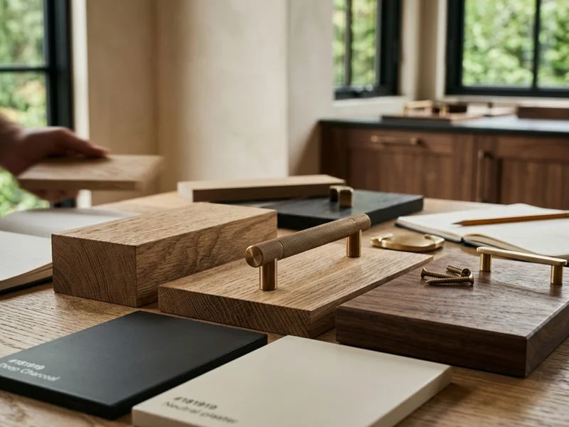 Wood samples, finish swatches, and hardware laid out for a design consultation