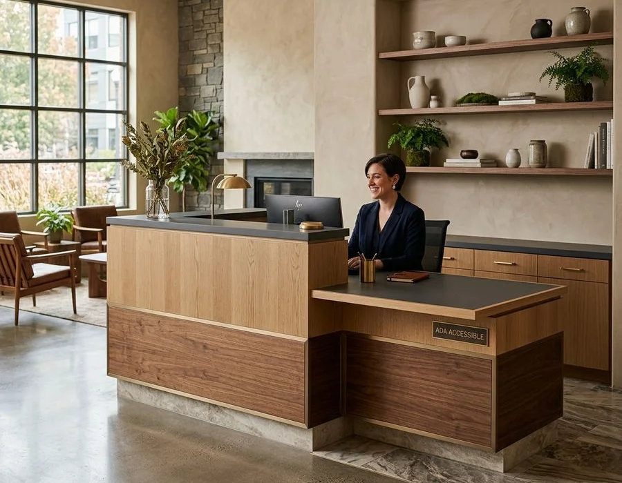 ADA-compliant reception counter with accessible lower section
