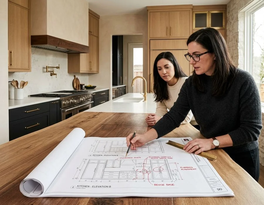 Architectural plan review with cabinet elevations marked up