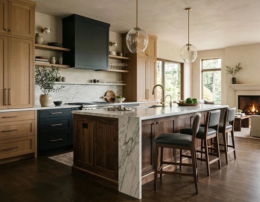 Black walnut island with marble waterfall countertop