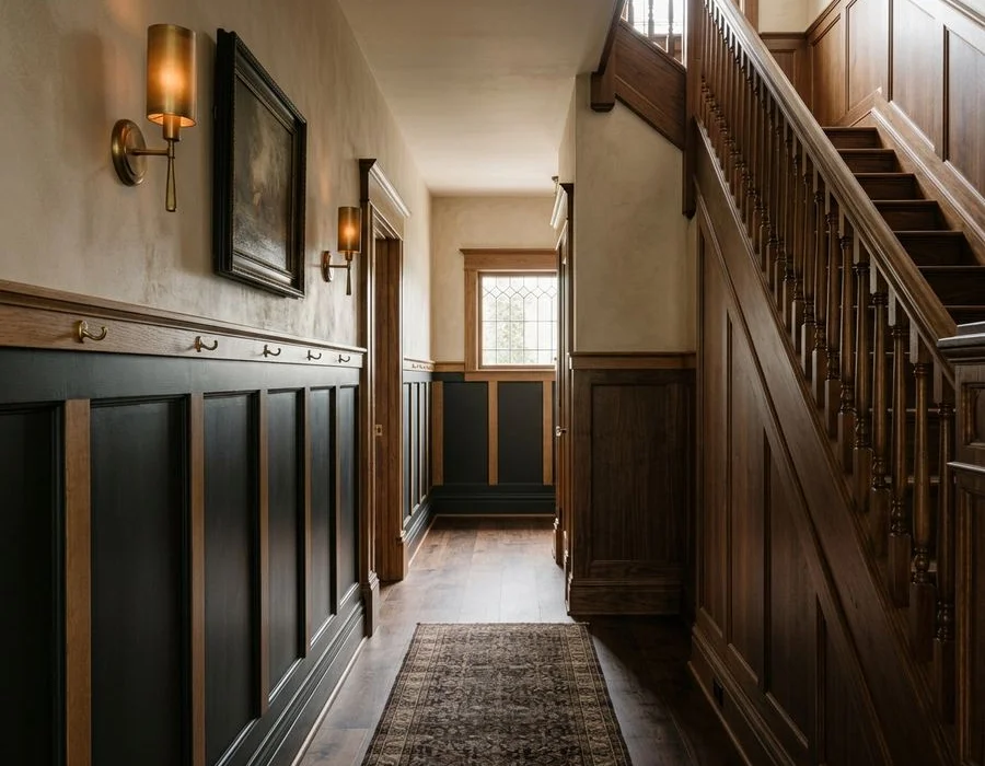 Board-and-batten wainscoting with plinth blocks and picture rail