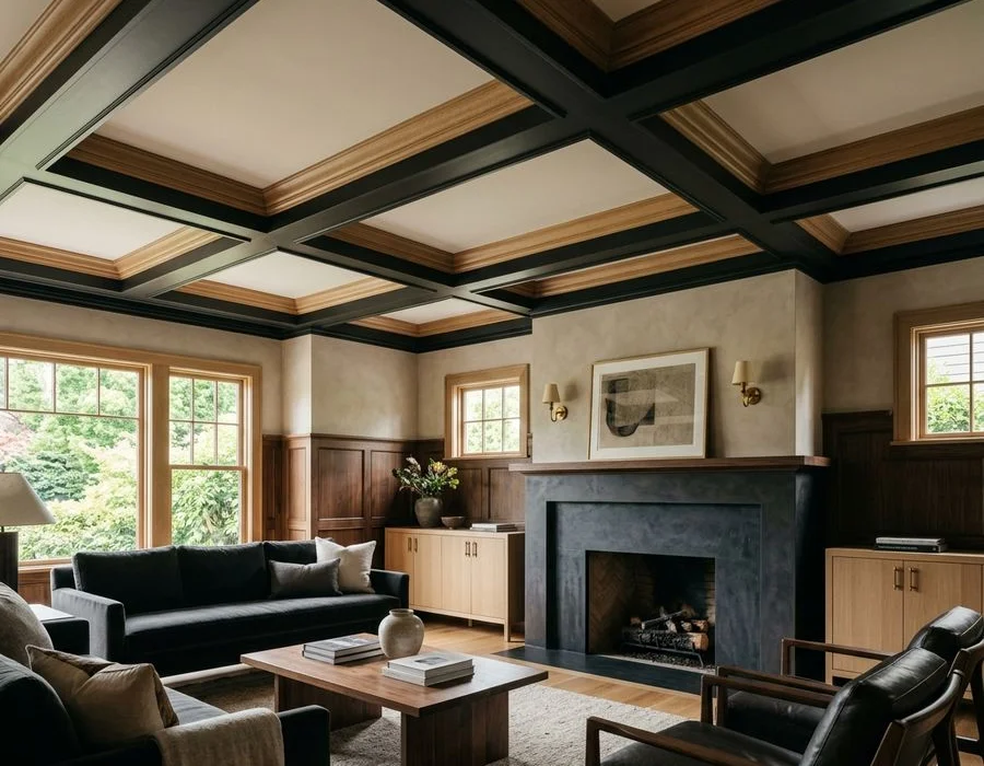 Box-beam coffered ceiling with crown moulding returns