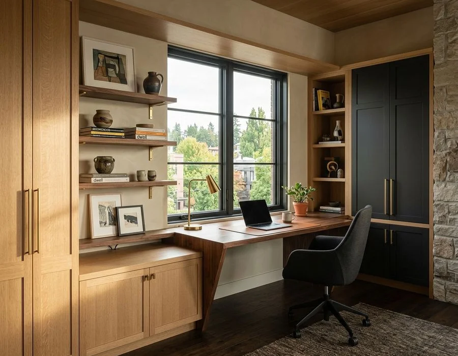 Built-in home office with integrated desk and credenza