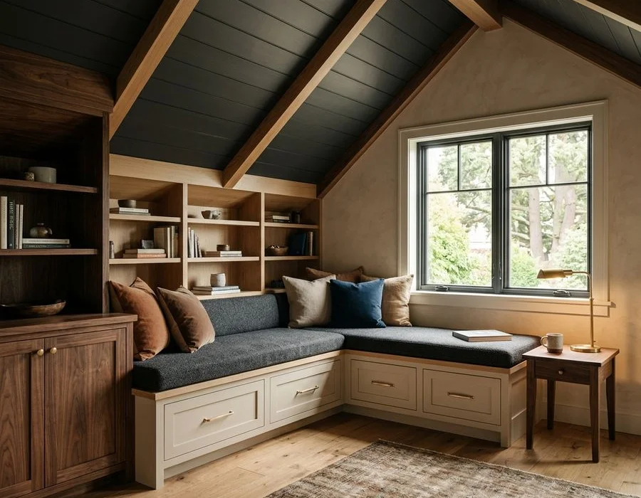Built-in seating and storage fitted under a sloped ceiling
