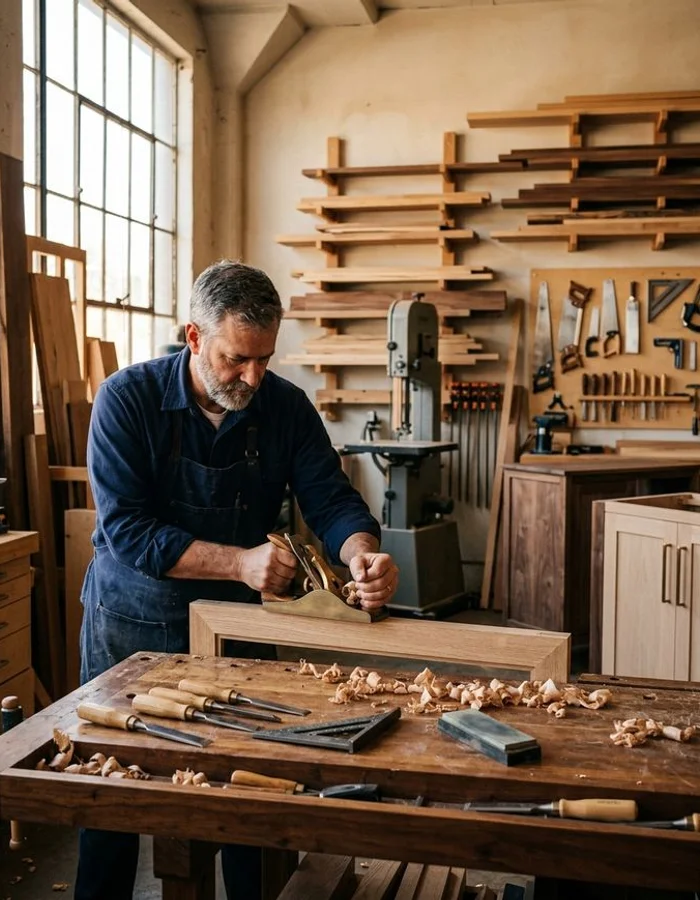 Hand-planing a white oak face frame in the workshop