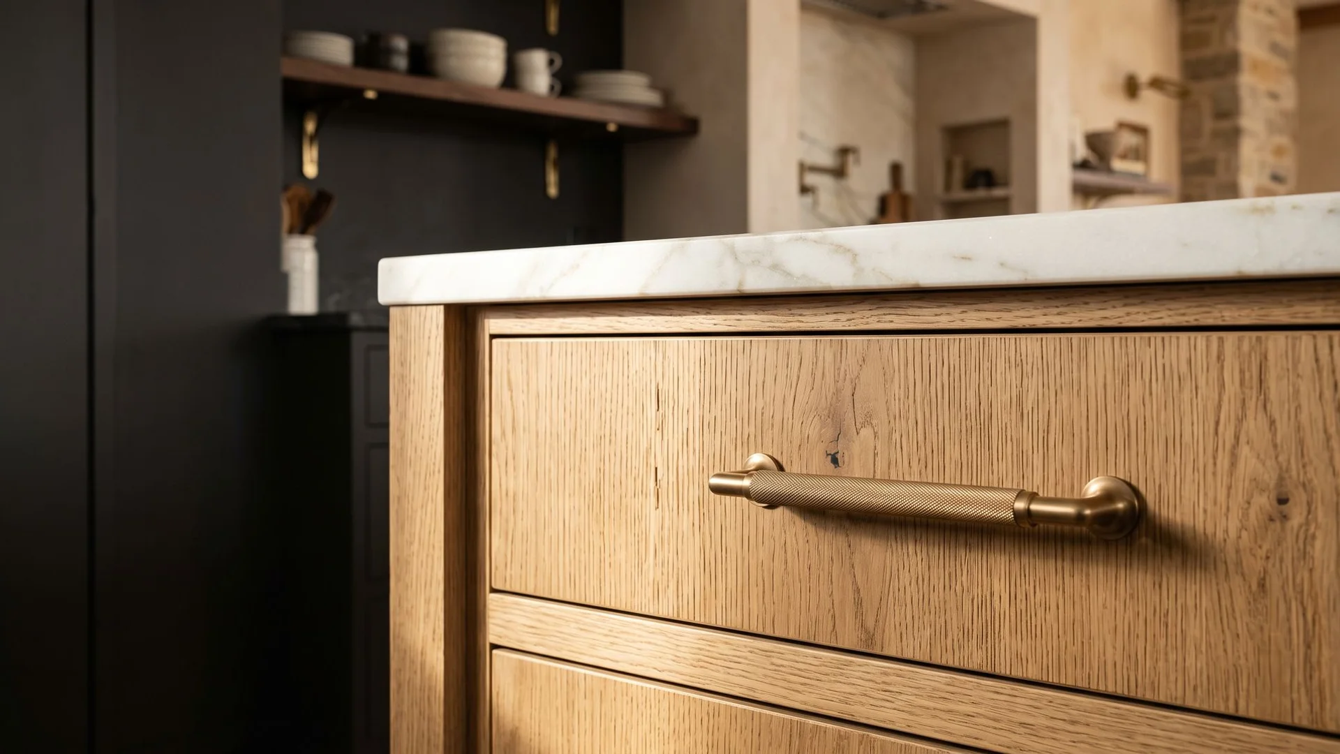 Luxury Portland kitchen with bespoke rift-cut white oak cabinetry and a marble island